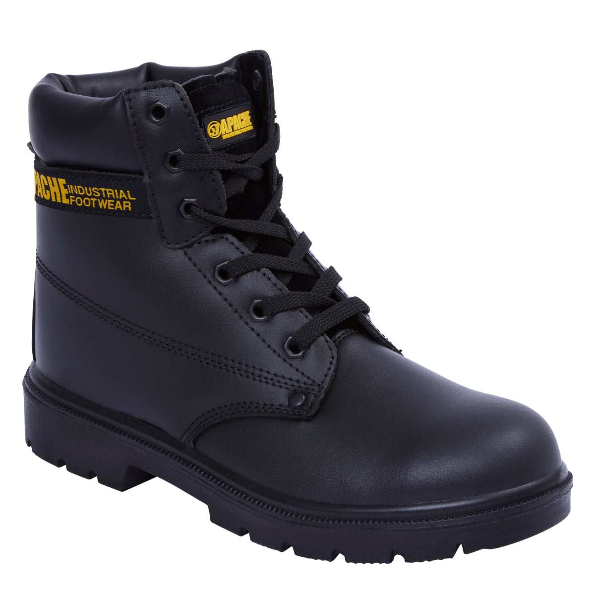 Apache AP300 black 6-eye safety boot, side profile view.