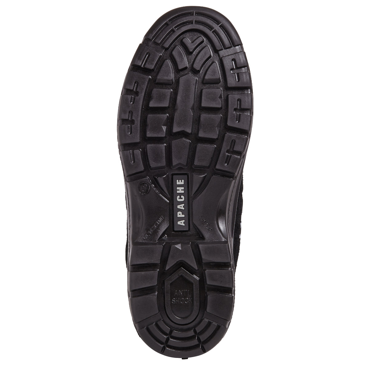 Front angled perspective of the black suede AP302SM safety trainer.