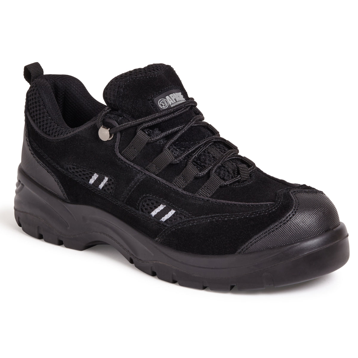 Apache AP302SM safety trainer in black suede, side view.