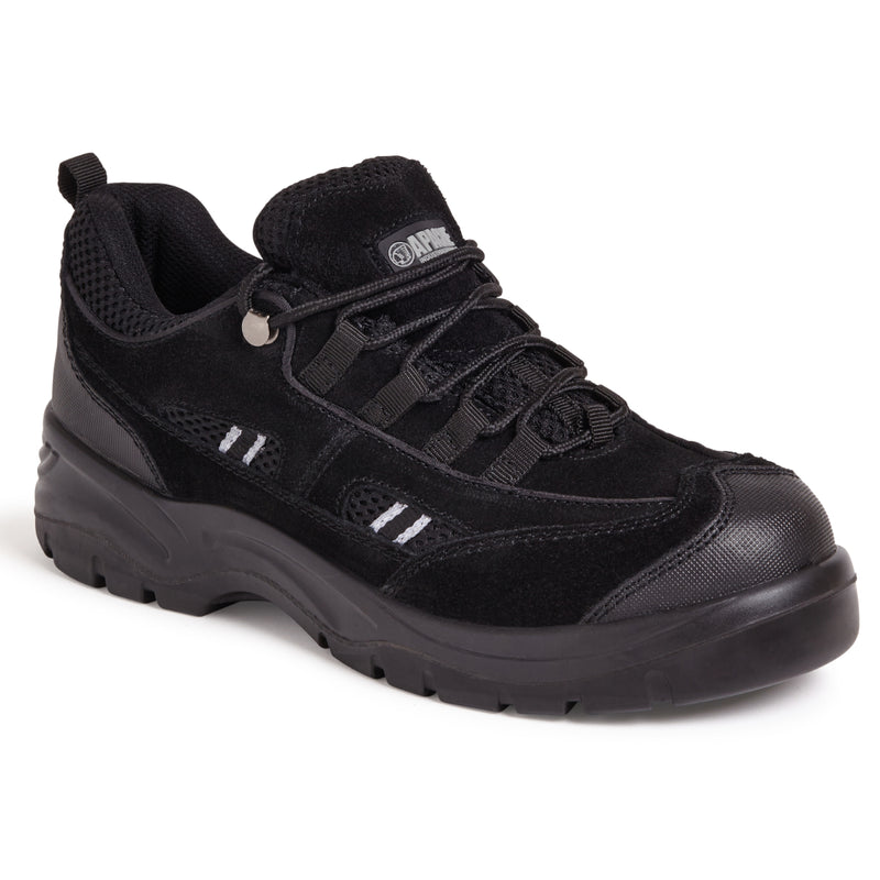 Apache AP302SM safety trainer in black suede, side view.