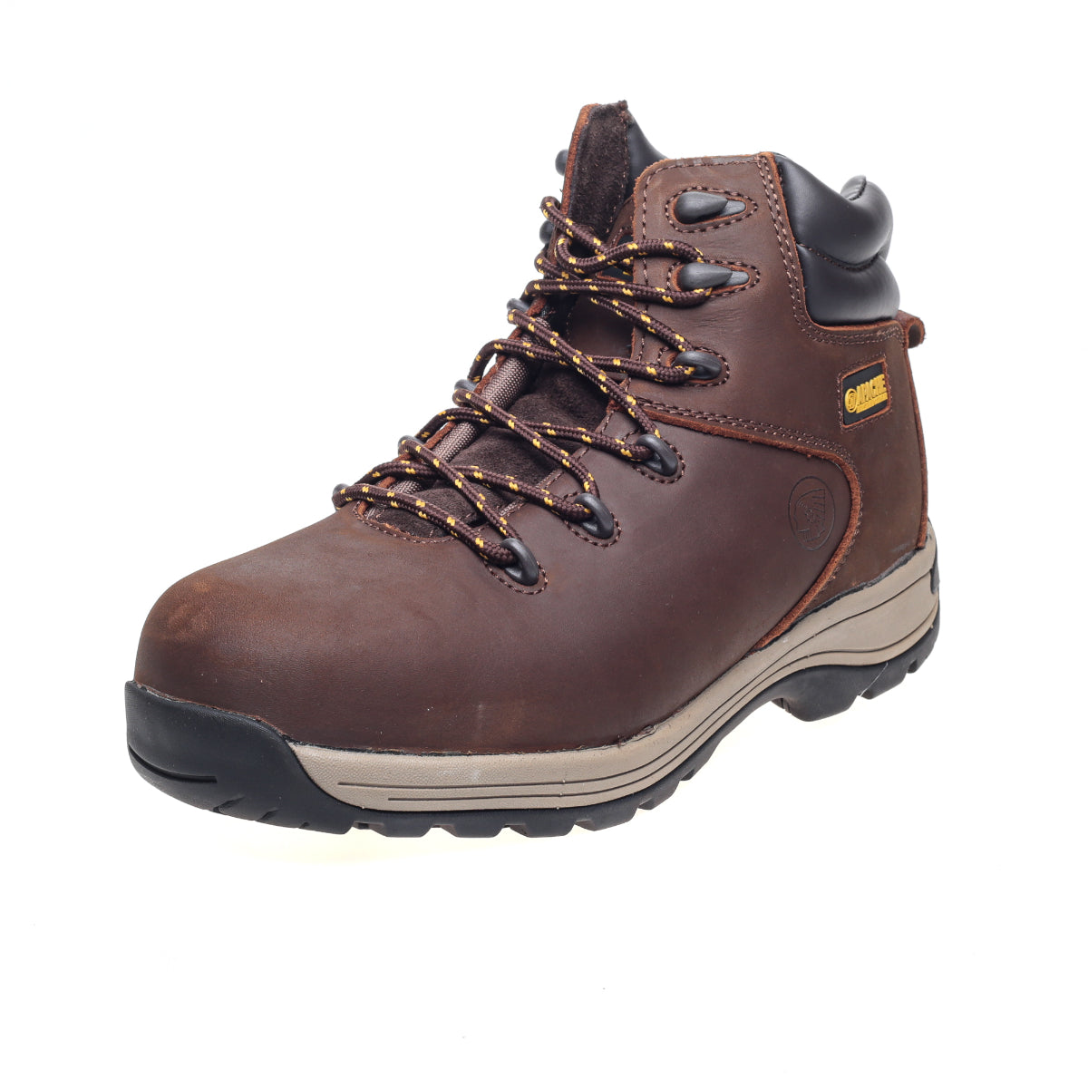 Apache AP315CM water-resistant safety hiker in brown nubuck, side view.