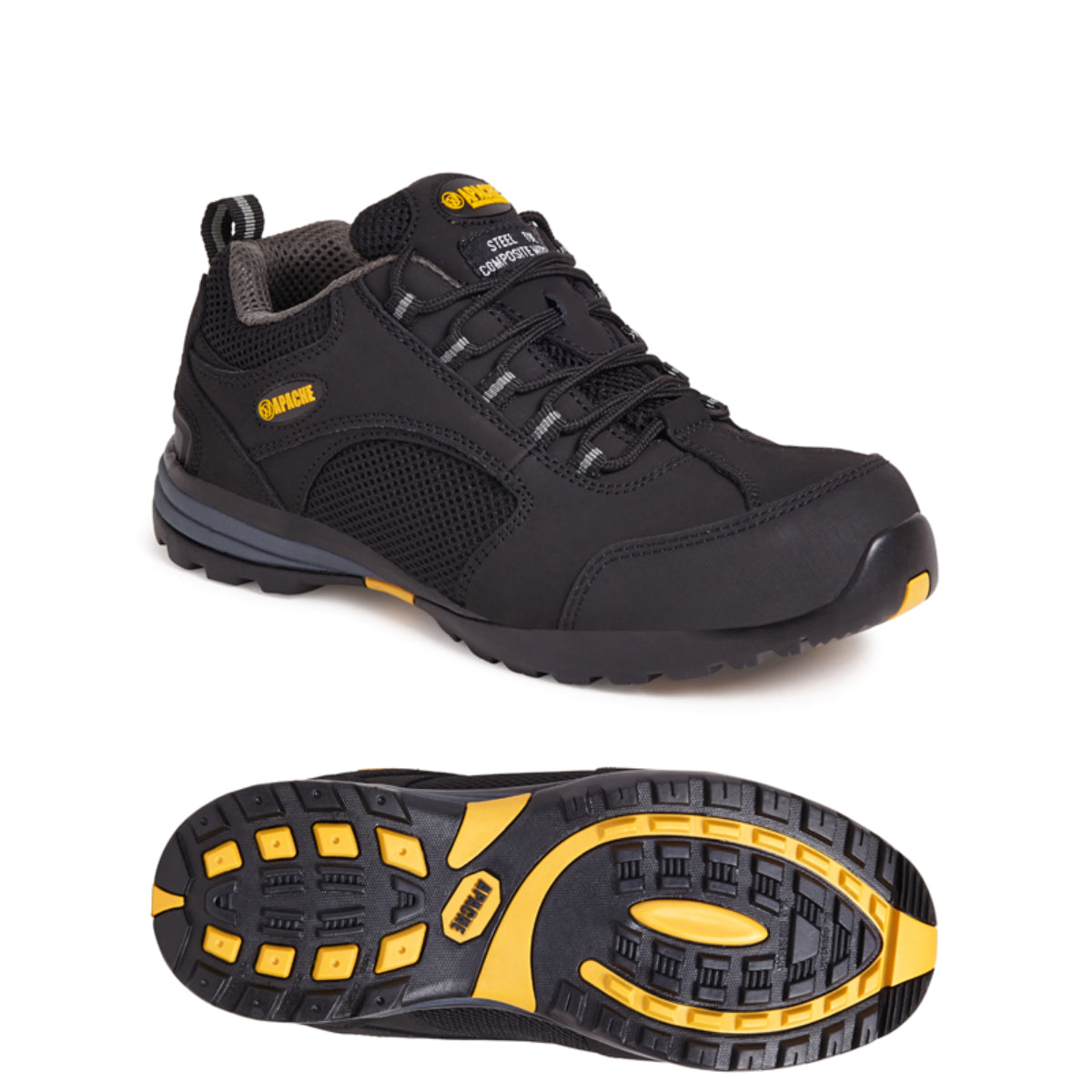Detail of the breathable panels and sole of the Apache AP318SM trainer.