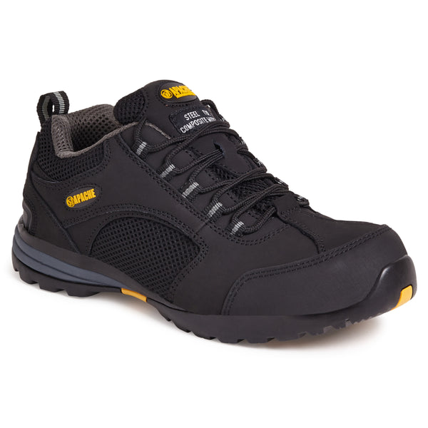 Apache AP318SM safety trainer in black with silver accents, side view.