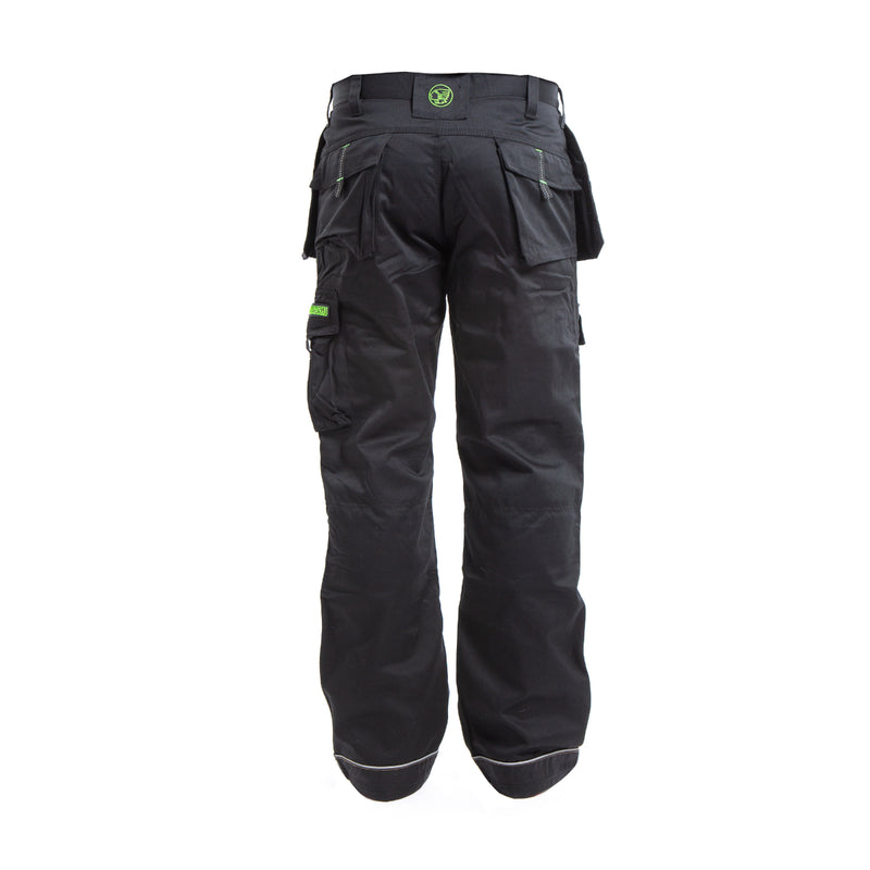 Angled side view of the black Apache APKHT work trousers with holster pockets.