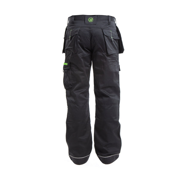 Angled side view of the black Apache APKHT work trousers with holster pockets.