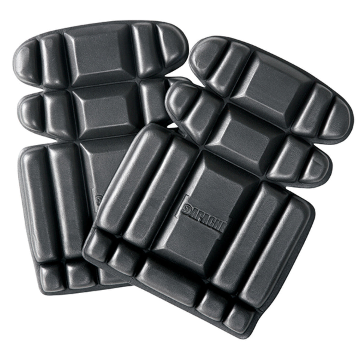 A pair of black ergonomic knee pads by Apache, model APKNEE.