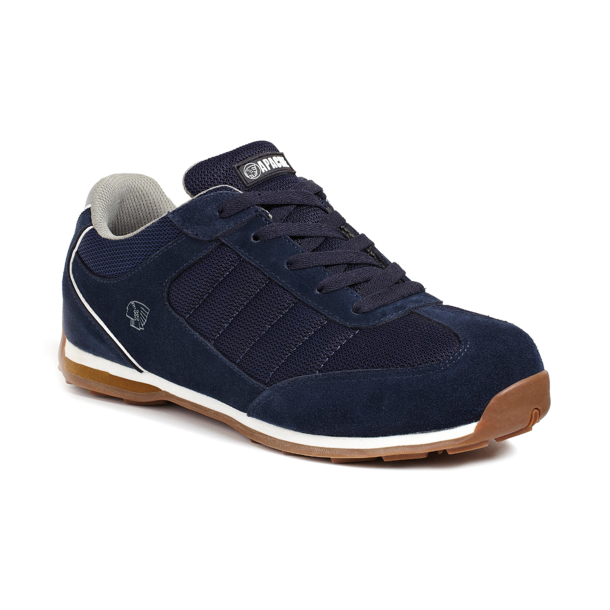 Apache Strike retro safety trainer in navy suede with white sole.