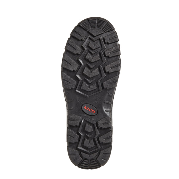 Durable black rubber outsole of safety shoe with deep anti-slip tread and Airside branding