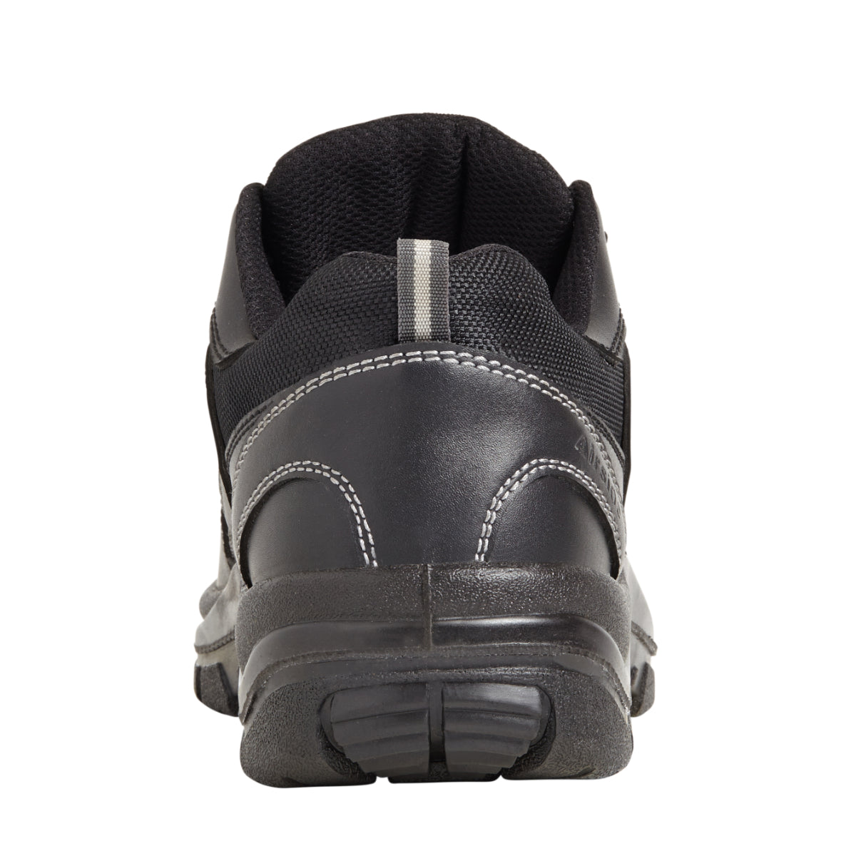 Rear view of black safety shoe with padded collar, reflective pull tab, and rugged heel sole