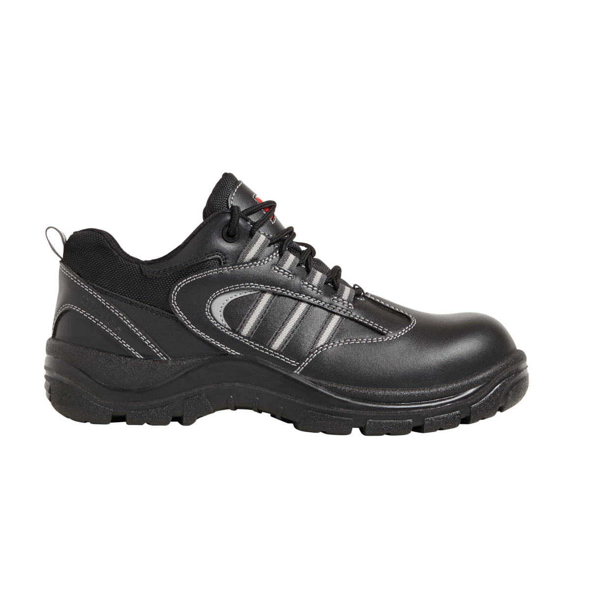 Side view of black industrial safety shoe with steel toe, mesh panels, and contrast stitching