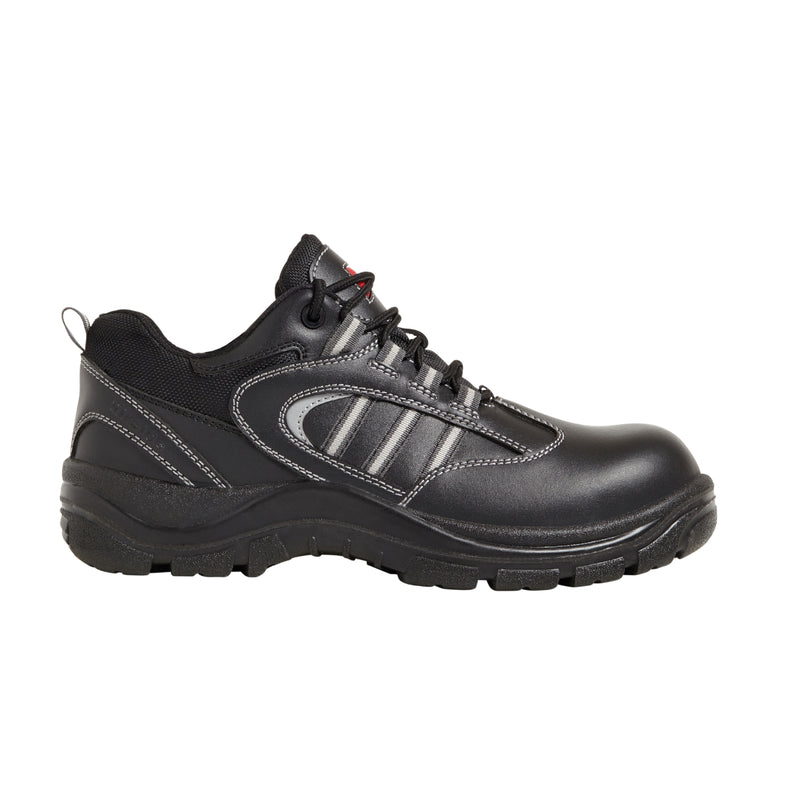Side view of black industrial safety shoe with steel toe, mesh panels, and contrast stitching