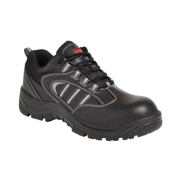 Black industrial safety shoe with steel toe, cushioned sole, and reflective detailing design