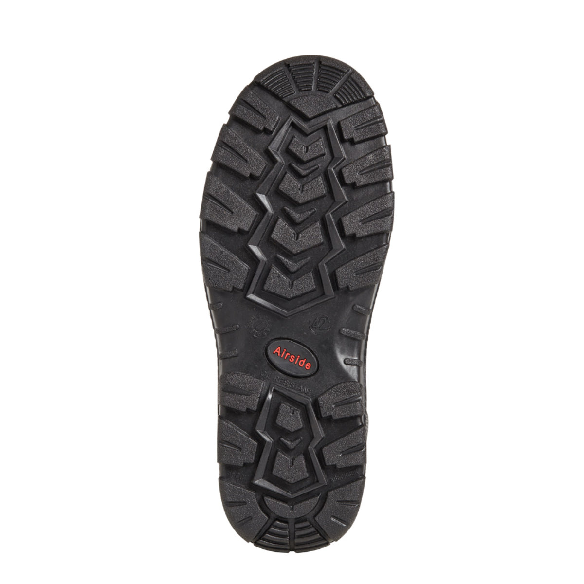 Heavy-duty black sole with deep grip tread, labeled Airside, designed for industrial safety boots