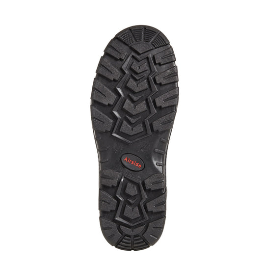 Heavy-duty black sole with deep grip tread, labeled Airside, designed for industrial safety boots