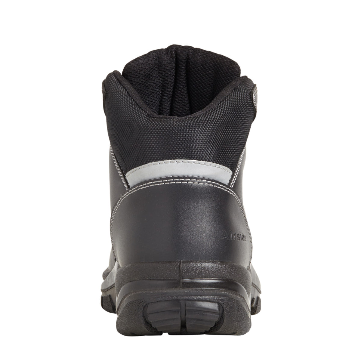 Back view of black high-ankle safety boot with padded collar and reflective heel strip