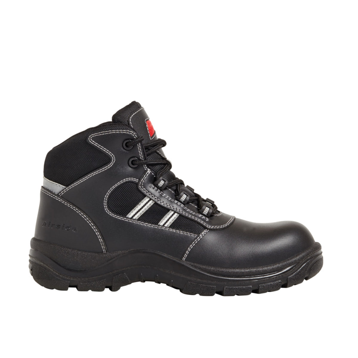 Side view of black leather safety boot with ankle support, lace-up design, and reinforced sole