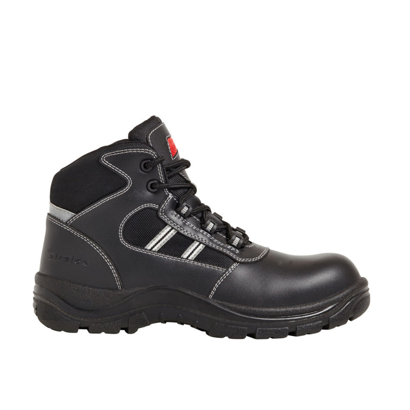 Side view of black leather safety boot with ankle support, lace-up design, and reinforced sole