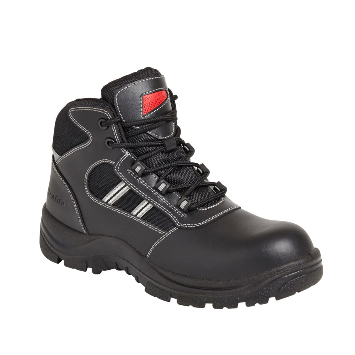 Black high-ankle safety boot with steel toe, padded collar, lace-up front, and rugged outsole
