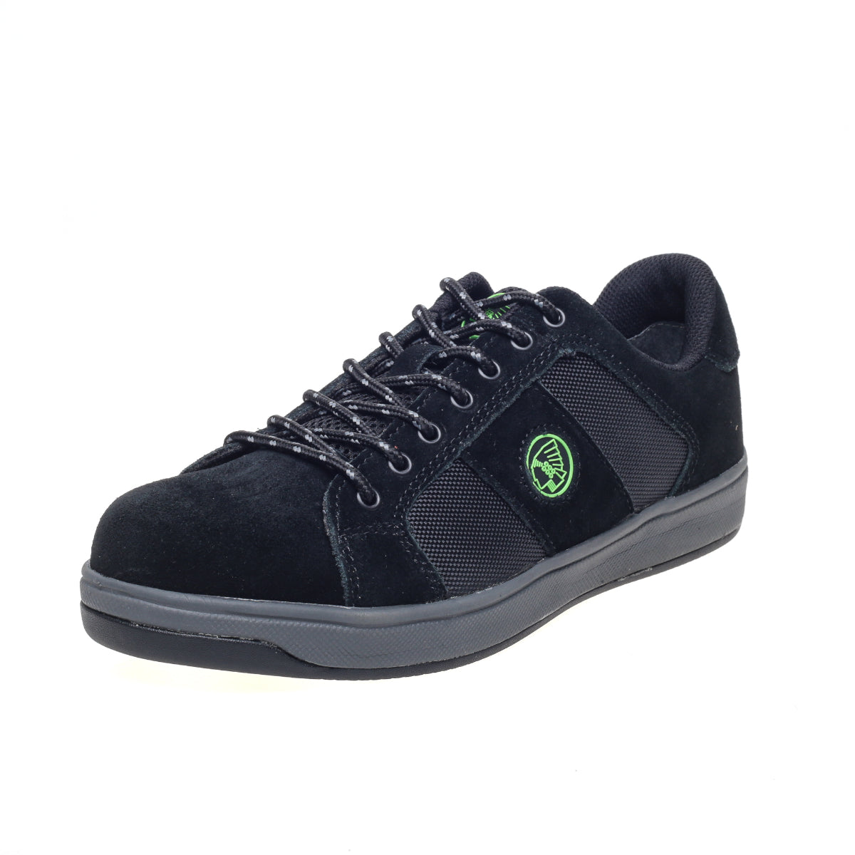 Apache Kick safety trainer in black suede with a cup sole, profile view.