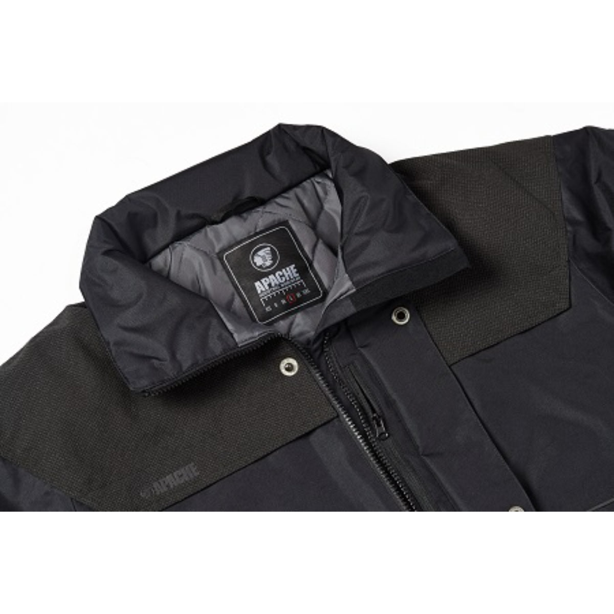 Rear view of the Apache ATS waterproof jacket, displaying the hood.