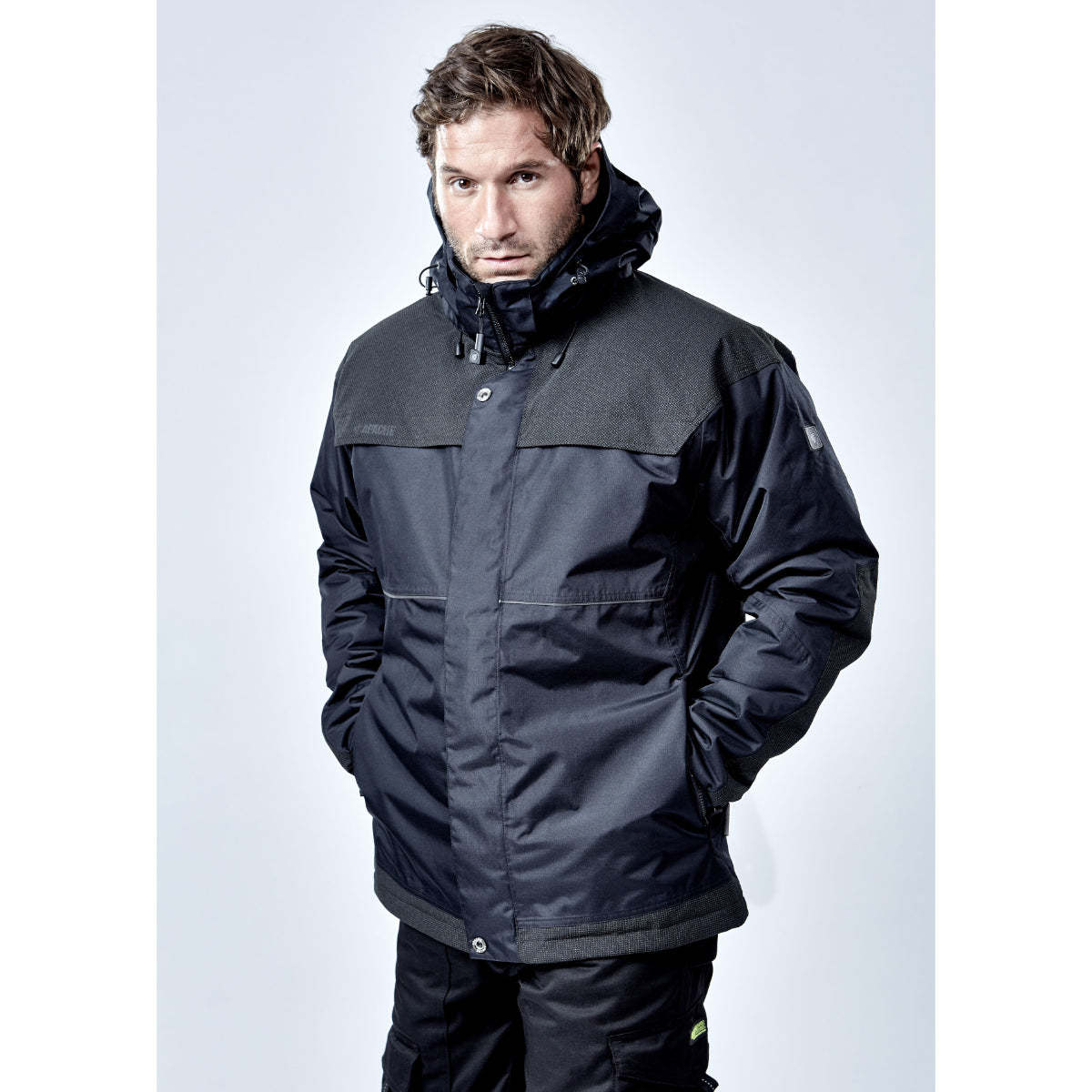 Full view of the protective Apache ATS waterproof padded work jacket.