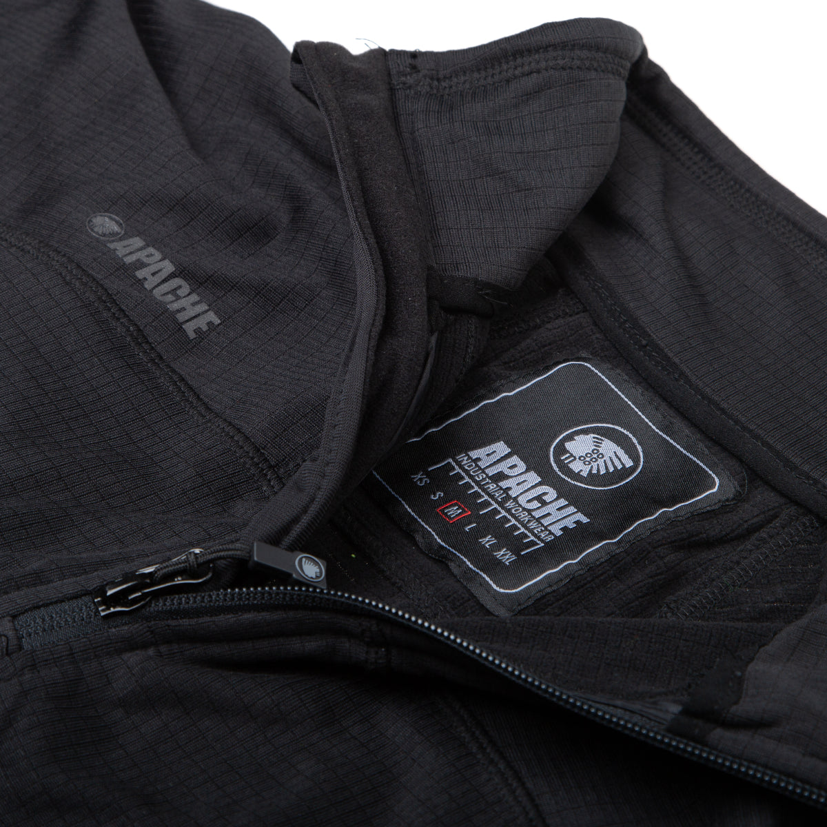 Close-up of the zip and high collar on the Apache ATS tech fleece.