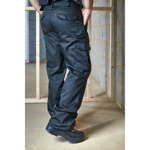 Side view of the black Apache Industry trousers, showing cargo pocket.