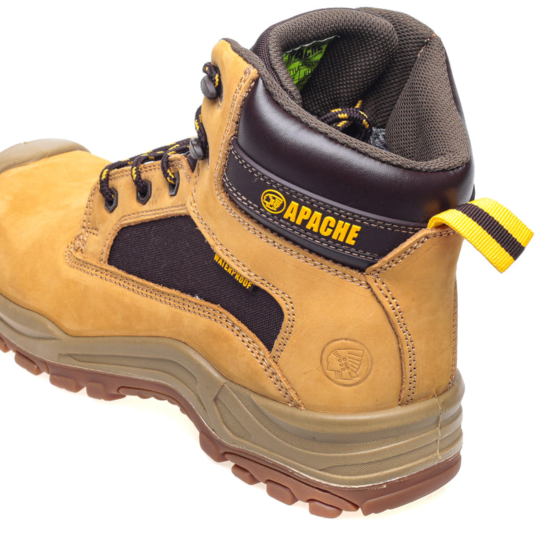 honey Apache Arizona safety boot highlighting heel and pull tab.