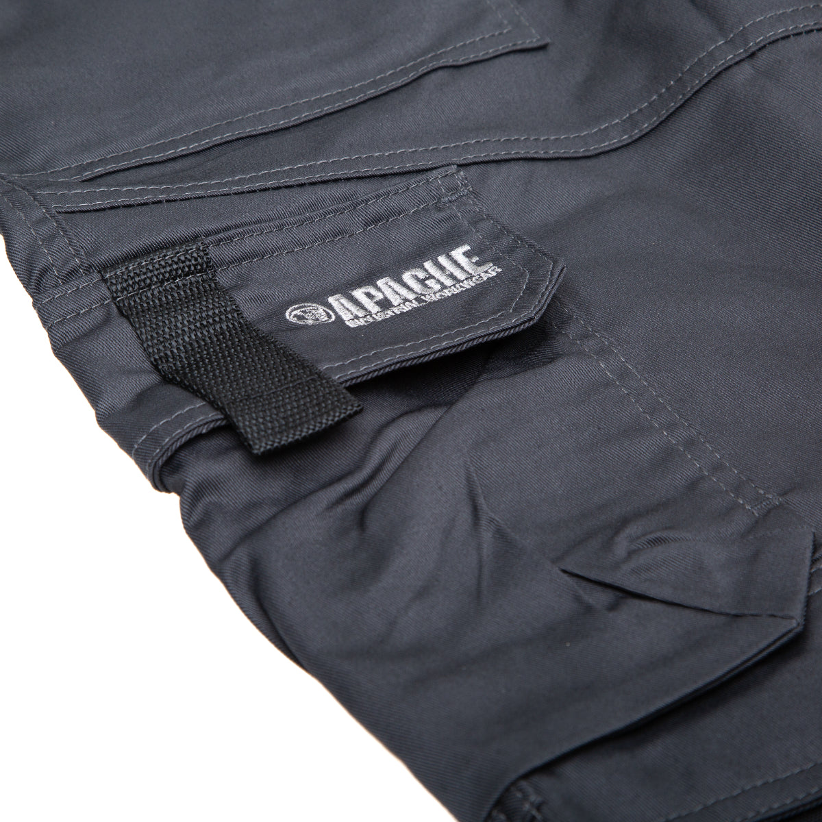 Apache ATS 3D Stretch Trousers in grey, highlighting the back pockets and durable stretch panels for flexibility.