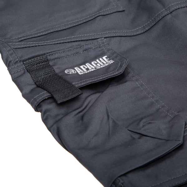Apache ATS 3D Stretch Trousers in grey, highlighting the back pockets and durable stretch panels for flexibility.