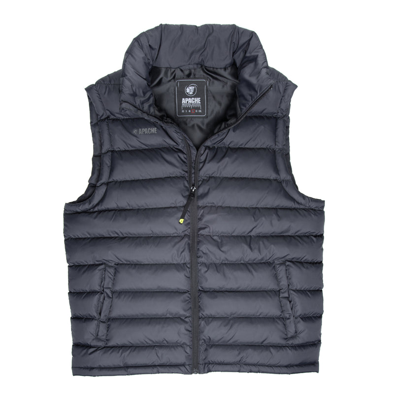 Apache ATS gilet in black with grey trim, shown from the front.