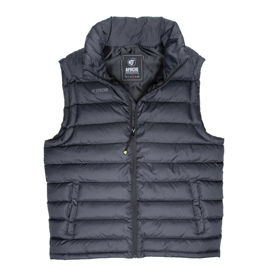 Apache ATS gilet in black with grey trim, shown from the front.
