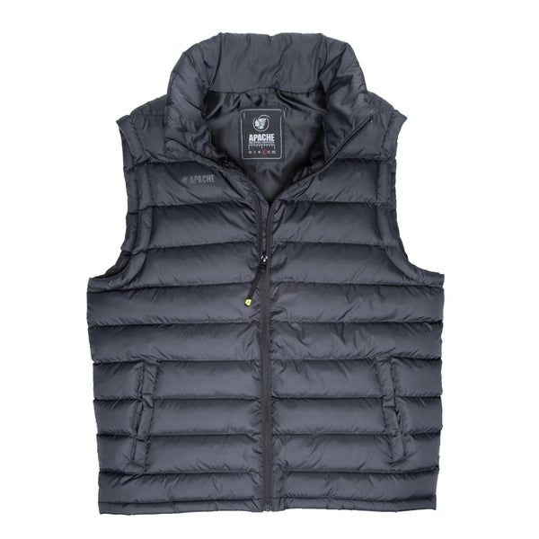 Apache ATS gilet in black with grey trim, shown from the front.