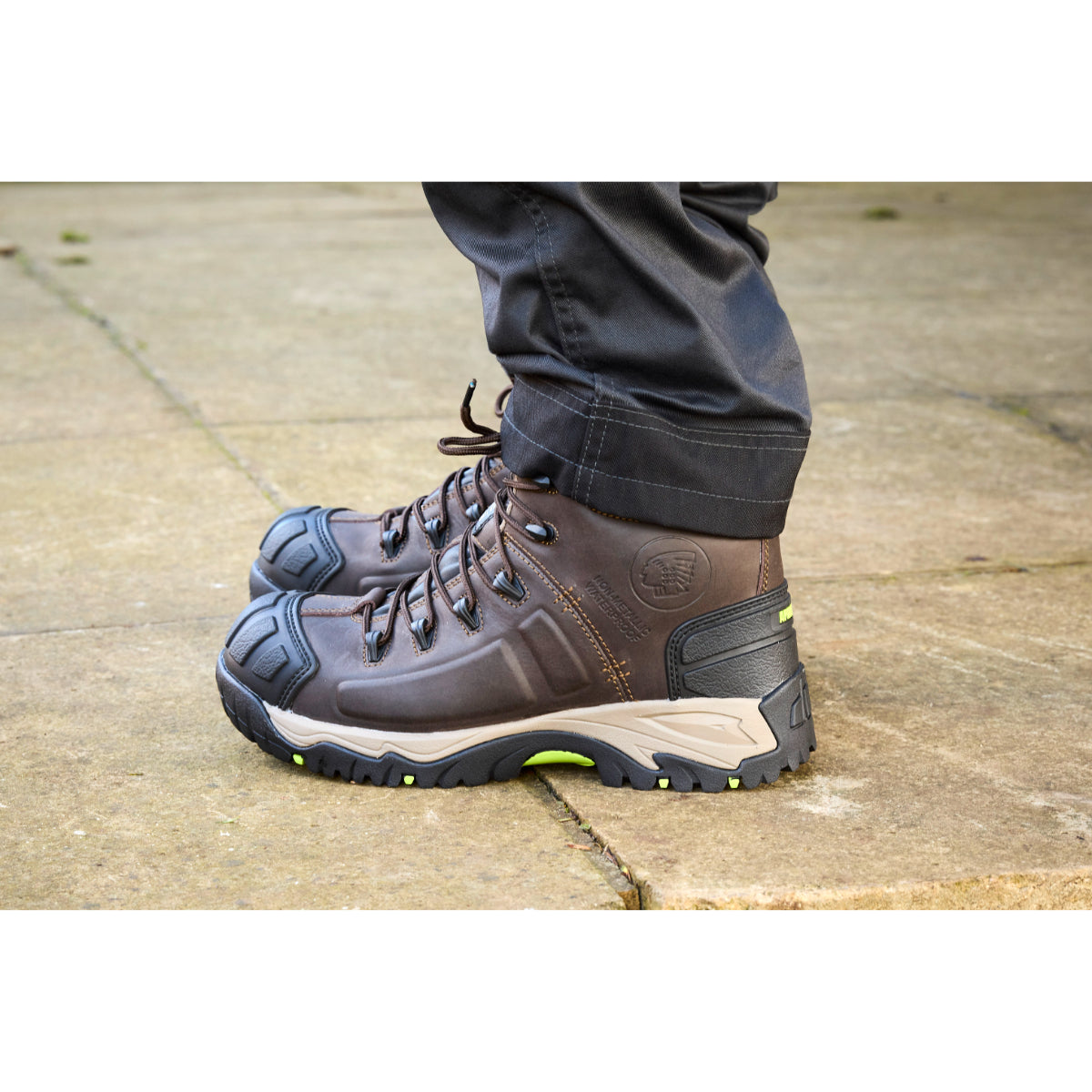 Detail of the tread and sole on the Apache Neptune waterproof work boot.