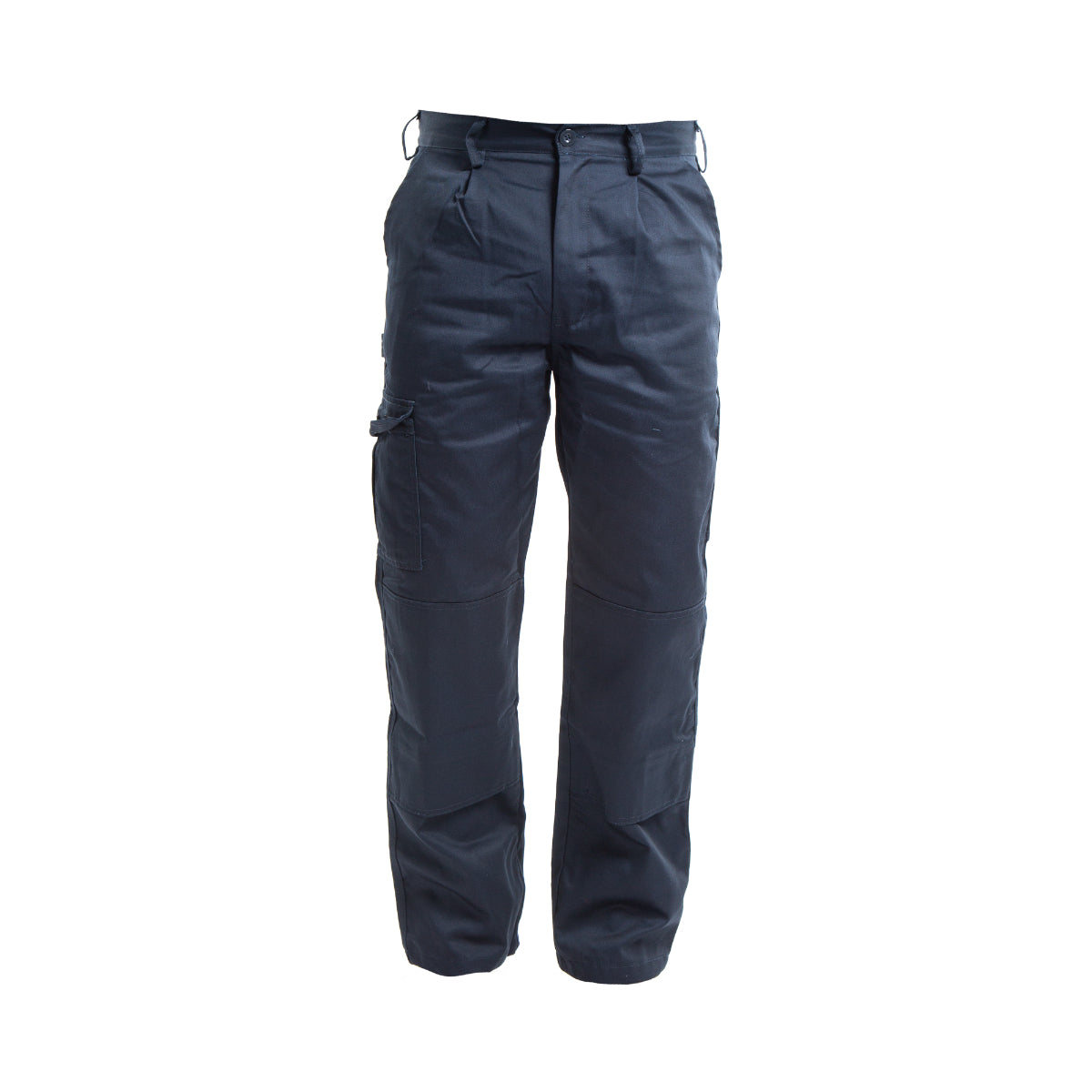 Navy blue Apache Industry work trousers with utility pockets.