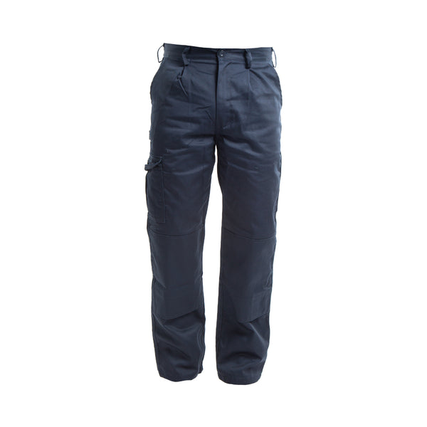 Navy blue Apache Industry work trousers with utility pockets.