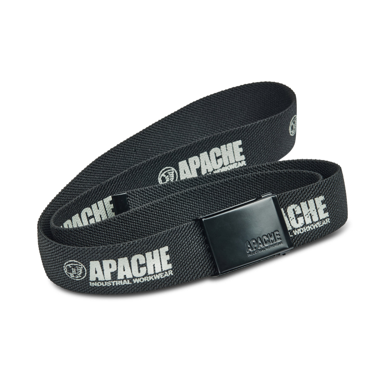 Full length view of the uncoiled black Apache Horizon webbed belt.