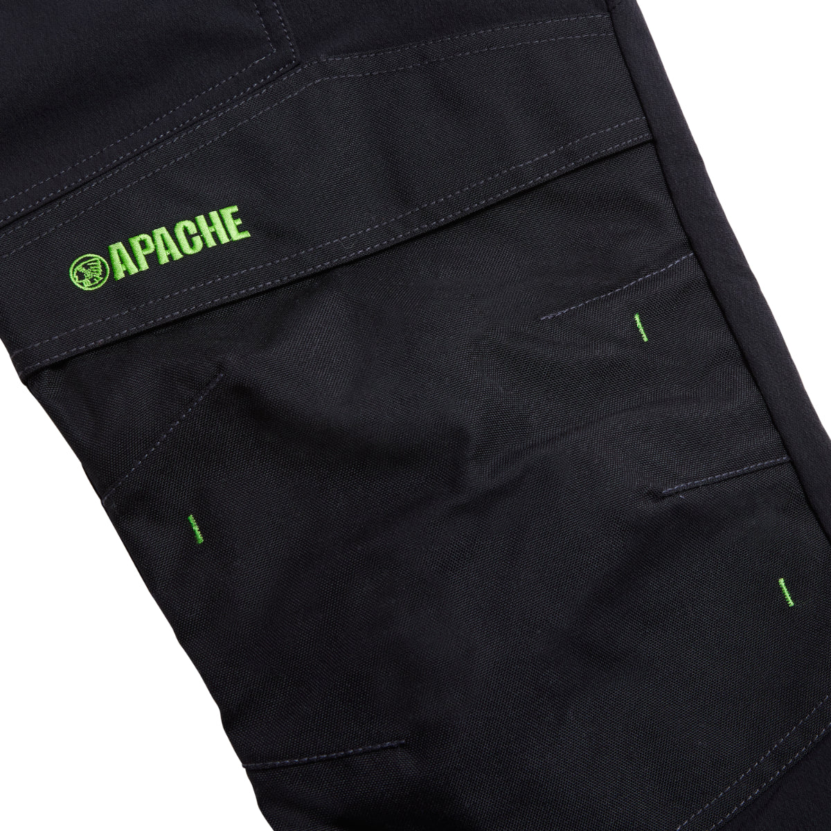 Reinforced knee area of the black Apache Calgary trousers, designed for durability