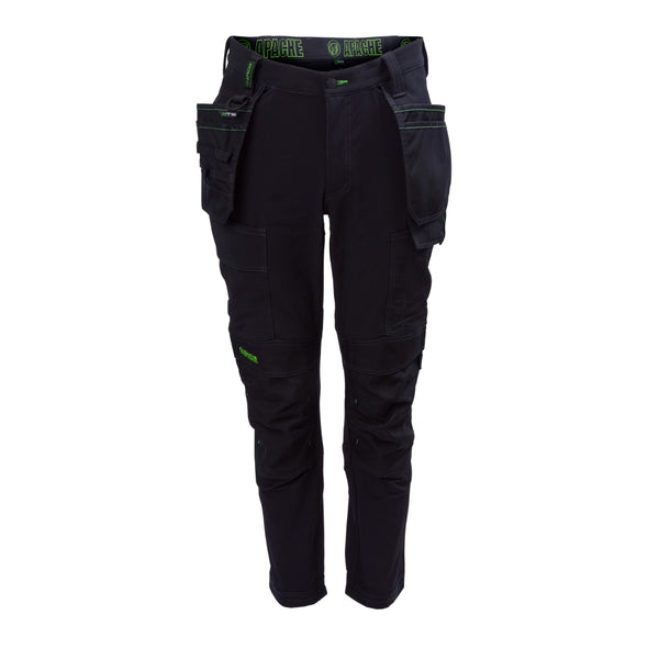 Apache Calgary 4-way stretch work trousers in black, featuring a modern, slim-fit design with holster pockets.