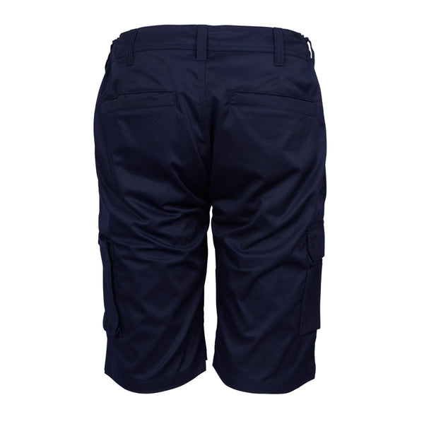 Side profile of the navy blue Apache Banff shorts, showing pocket details.