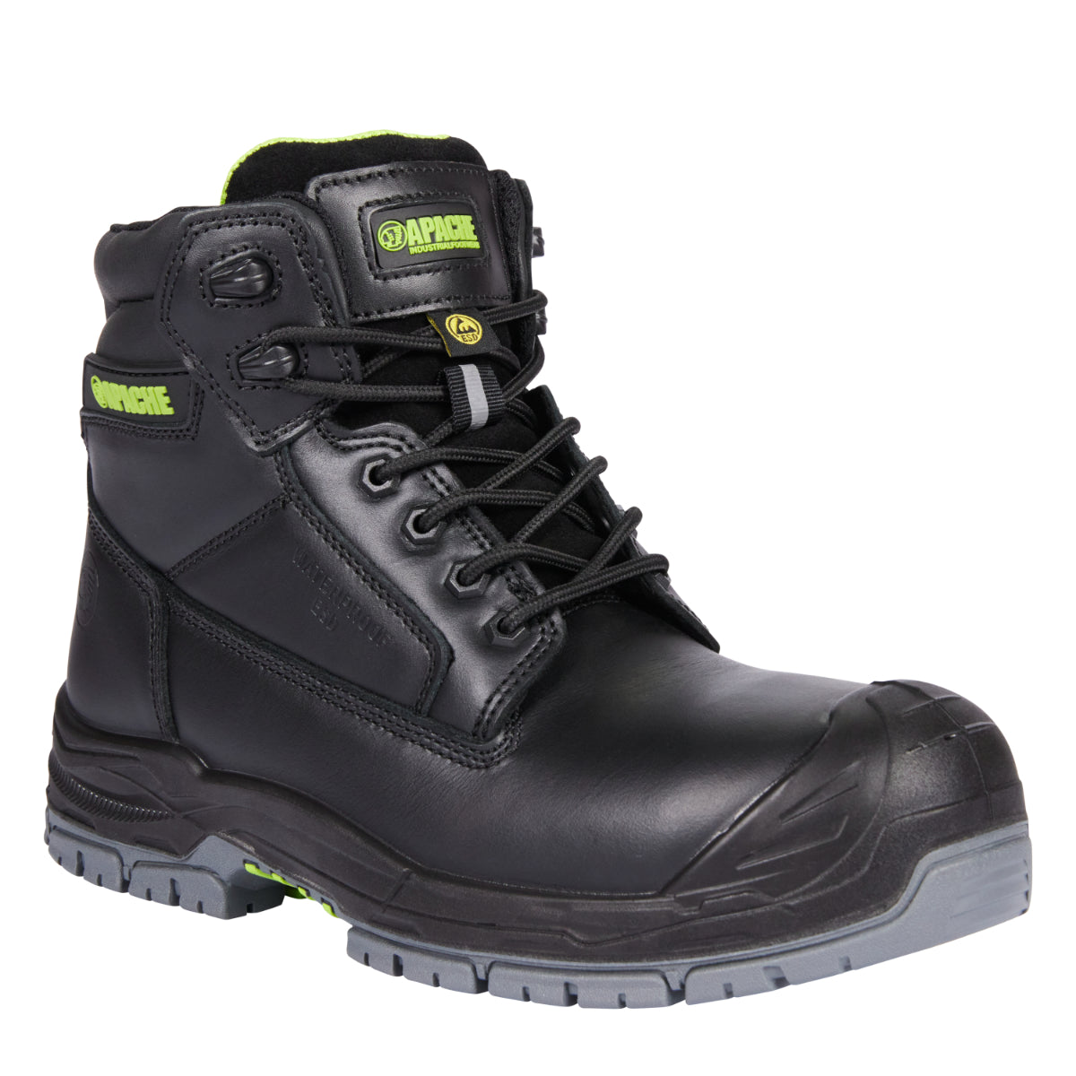 Apache Cranbrook waterproof ESD safety boot in black with GTS outsole, side view.