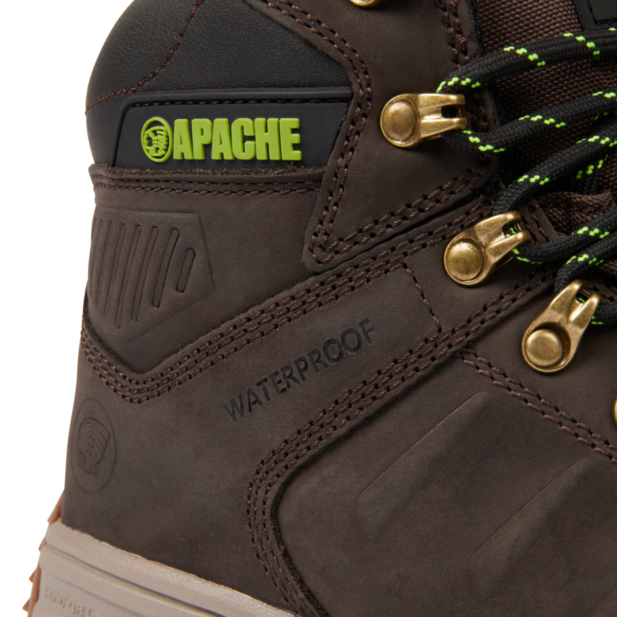 Close-up of the premium brown leather on the Moose Jaw safety boot.