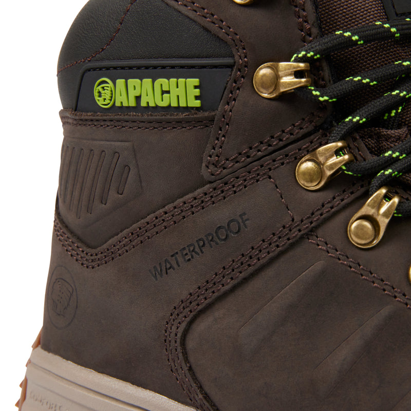 Close-up of the premium brown leather on the Moose Jaw safety boot.