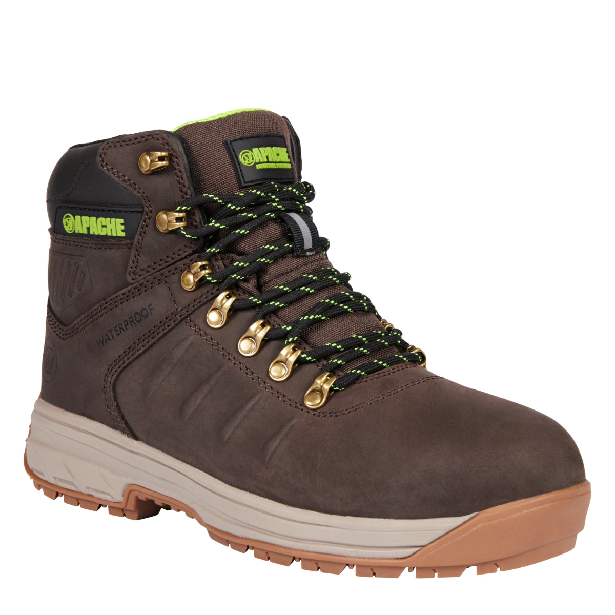 Apache Moose Jaw waterproof leather safety boot in brown with XTS outsole, side.