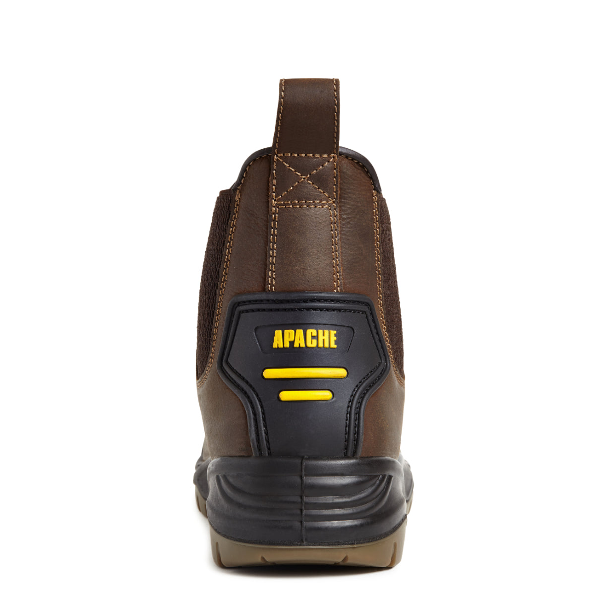 Rear view of the brown dealer boot with elasticated panel and pull tab.