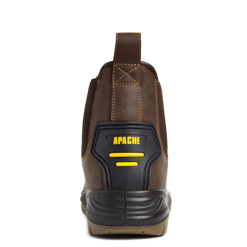 Rear view of the brown dealer boot with elasticated panel and pull tab.