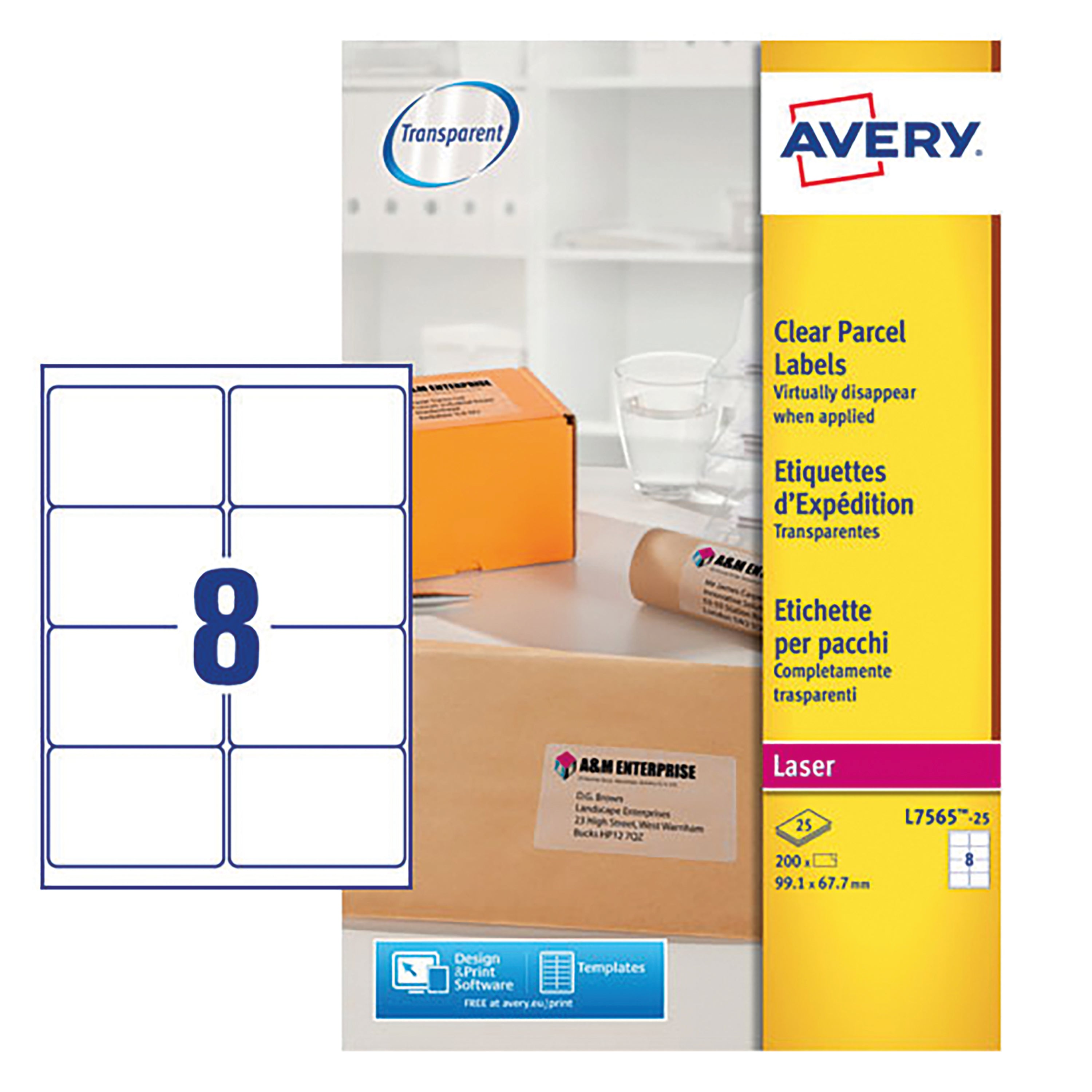 A sheet of 8 large transparent Avery L7565 laser labels.