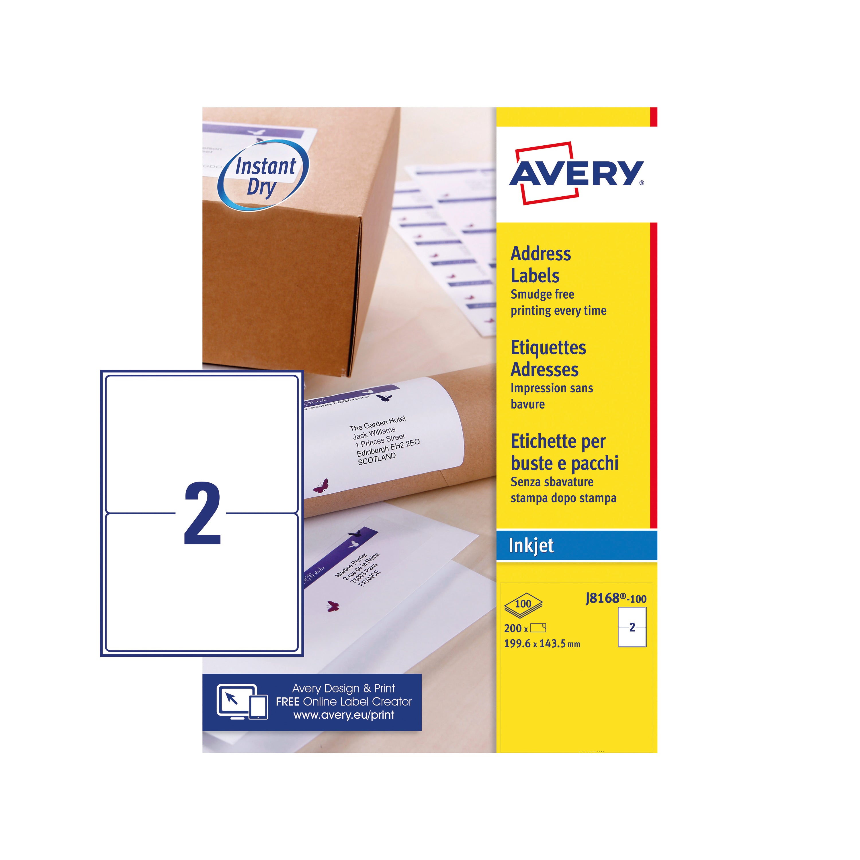 A sheet of two large Avery J8168 labels with QuickPEEL technology.