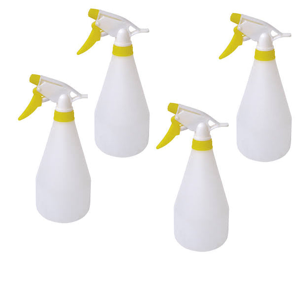 Four yellow 2Work trigger spray refill bottles.