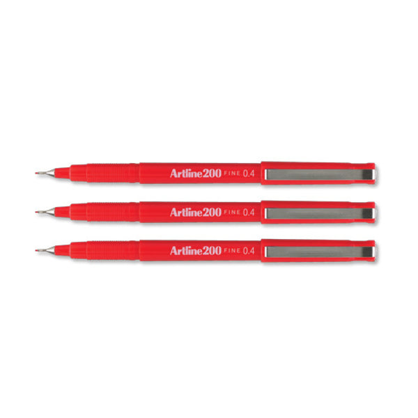 The Artline 200 fineliner pen with its red cap and barrel, indicating its ink color.